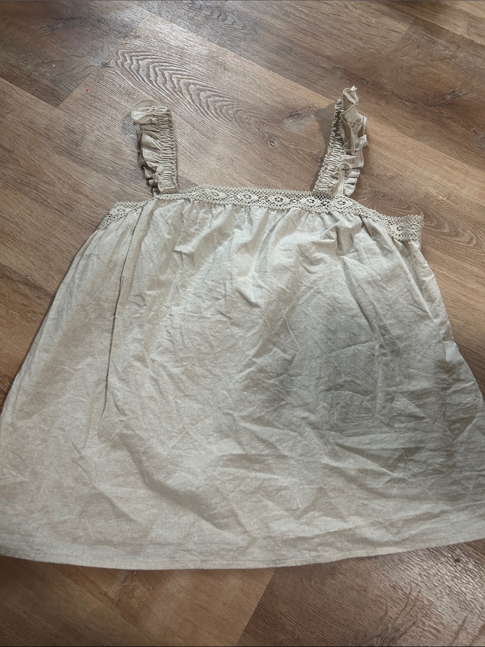 Beige Crochet Trim Ruffle Strap Tank Top